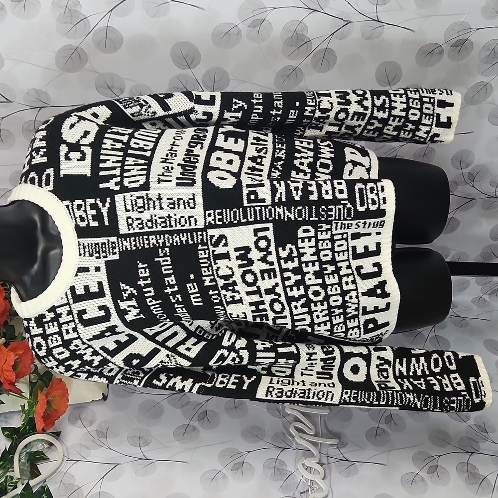 Obey Black & White Newsprint "Peace" Crewneck Sweater - Picture 3 of 7